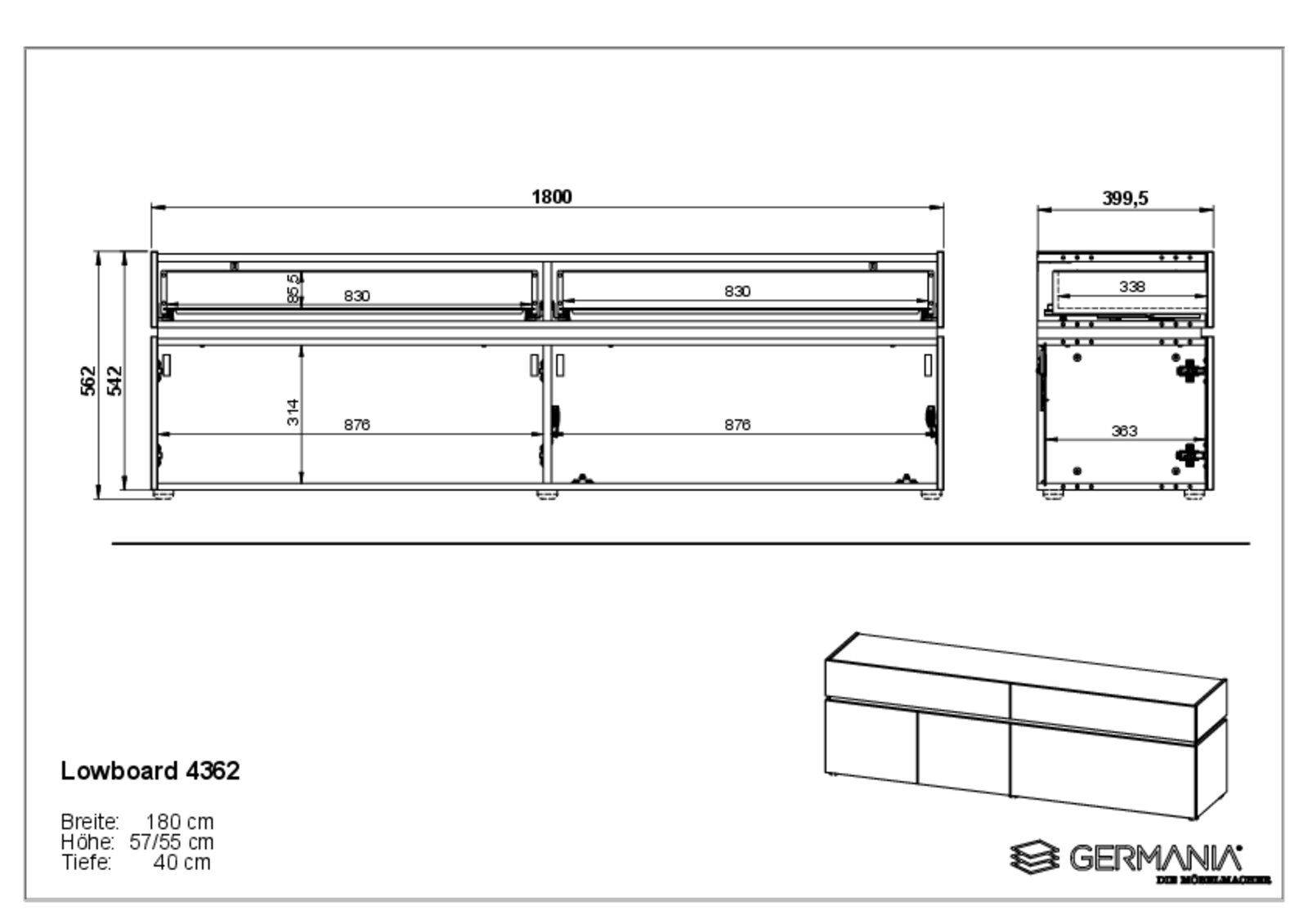 Technische Zeichnung eines TV-Lowboards mit den Maßen: Breite 180 cm, Höhe 57/55 cm, Tiefe 40 cm. Frontale und seitliche Ansicht.