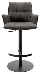 Moderner Barhocker mit gepolstertem Sitz und Rückenlehne in dunklem Stoff, schwarzem Metallgestell und Fußstütze, Frontalansicht.
