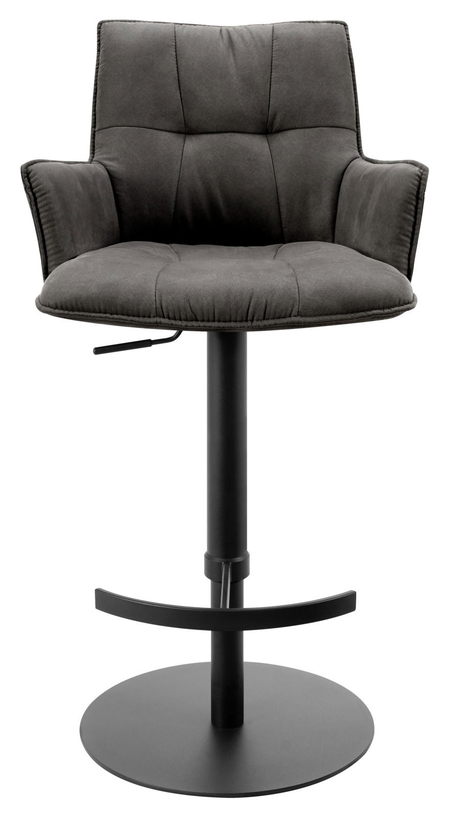 Moderner Barhocker mit gepolstertem Sitz und Rückenlehne in dunklem Stoff, schwarzem Metallgestell und Fußstütze, Frontalansicht.