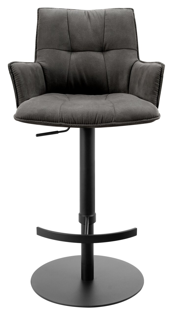 Moderner Barhocker mit gepolstertem Sitz und Rückenlehne in dunklem Stoff, schwarzem Metallgestell und Fußstütze, Frontalansicht.