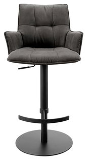 Moderner Barhocker mit gepolstertem Sitz und Rückenlehne in dunklem Stoff, schwarzem Metallgestell und Fußstütze, Frontalansicht.