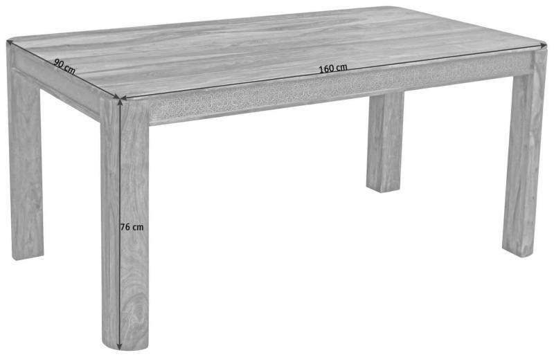 Rechteckiger Esstisch aus Holz mit den Maßen 160 cm Länge, 90 cm Breite und 76 cm Höhe, seitliche Perspektive.