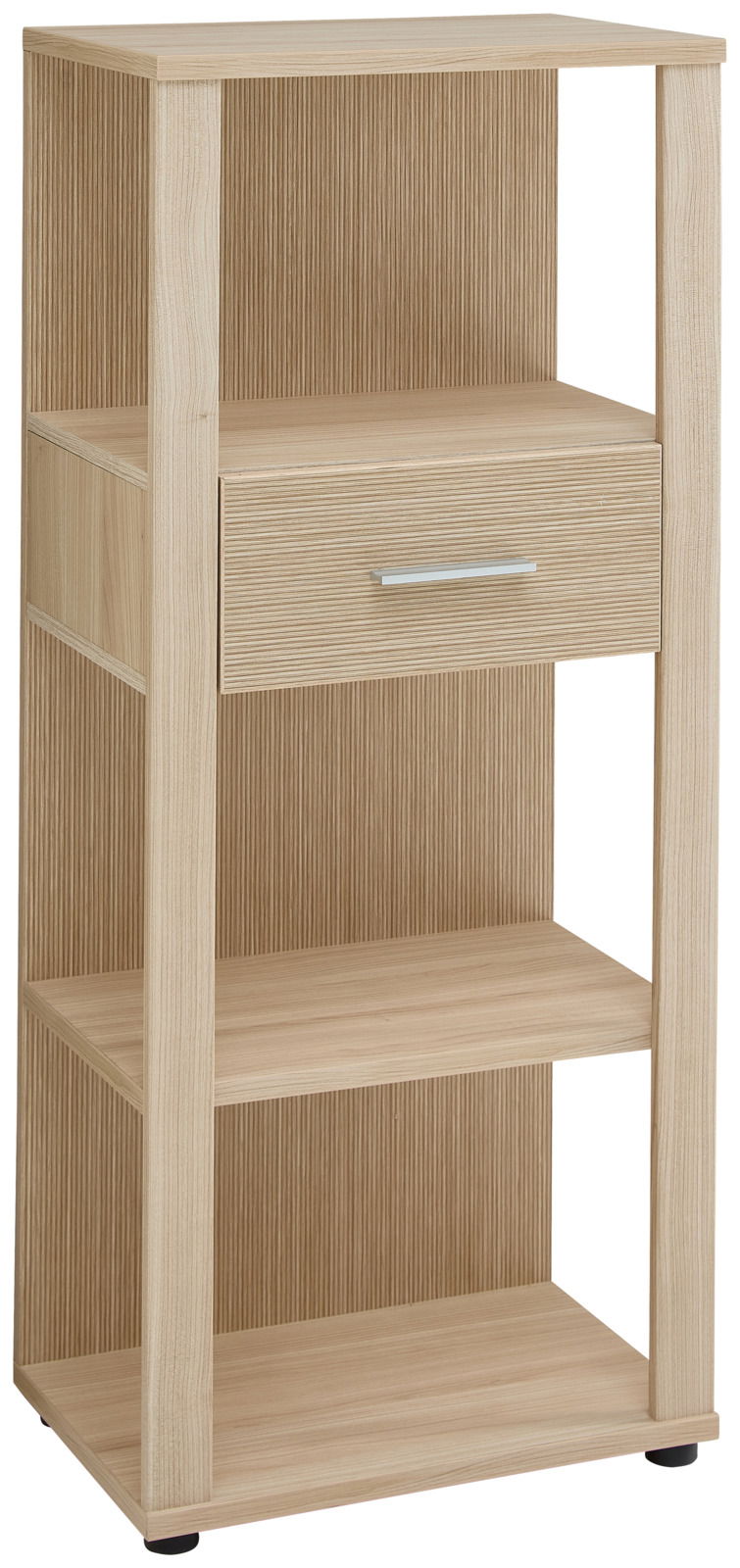 Holz-Aktenregal mit drei offenen Fächern und einer Schublade, frontale Ansicht