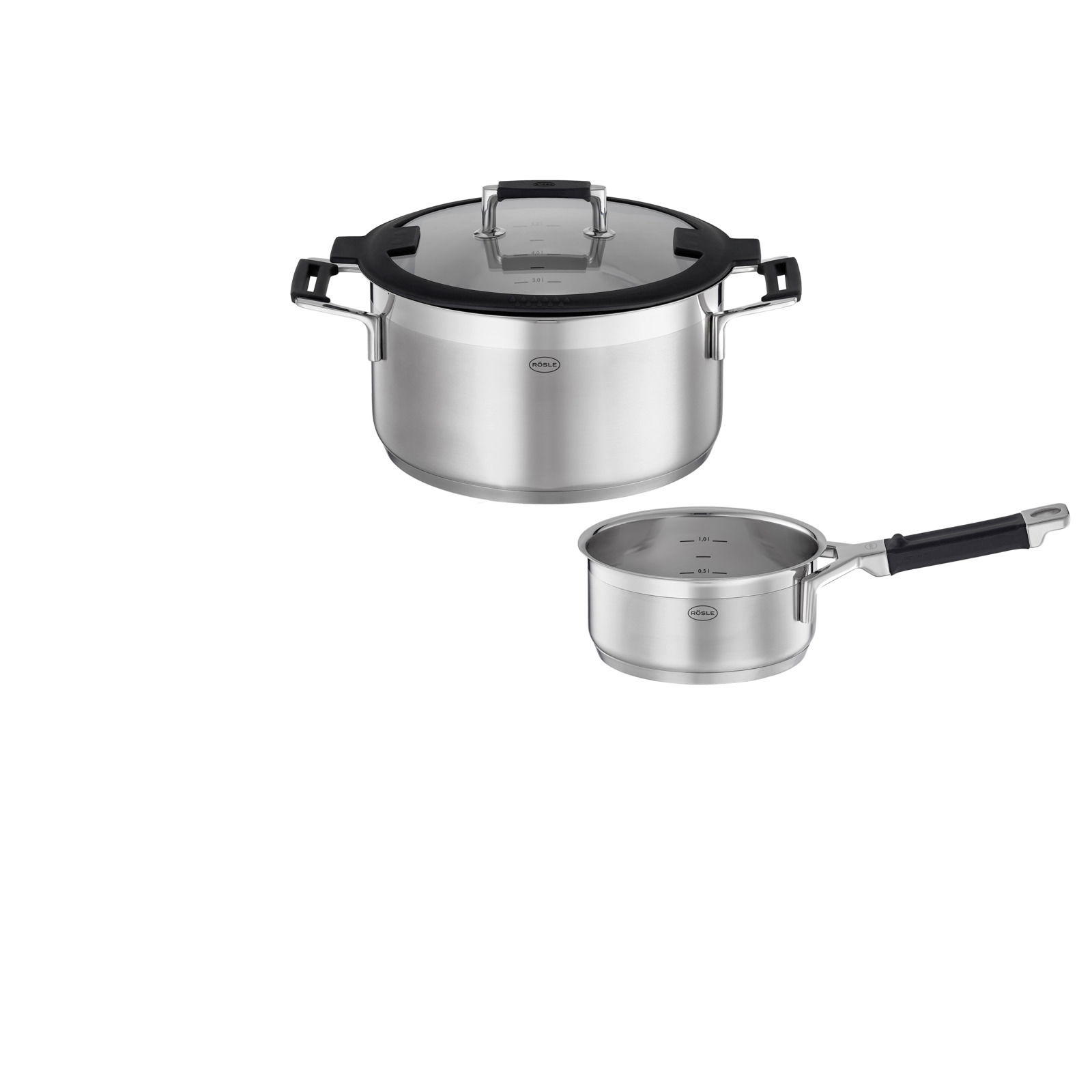 Topfset 4-tlg. SILENCE PRO aus Edelstahl, bestehend aus einem großen Topf mit Glasdeckel und einer Stielkasserolle, seitliche Perspektive
