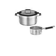 Topfset 4-tlg. SILENCE PRO aus Edelstahl, bestehend aus einem großen Topf mit Glasdeckel und einer Stielkasserolle, seitliche Perspektive