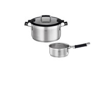 Topfset 4-tlg. SILENCE PRO aus Edelstahl, bestehend aus einem großen Topf mit Glasdeckel und einer Stielkasserolle, seitliche Perspektive