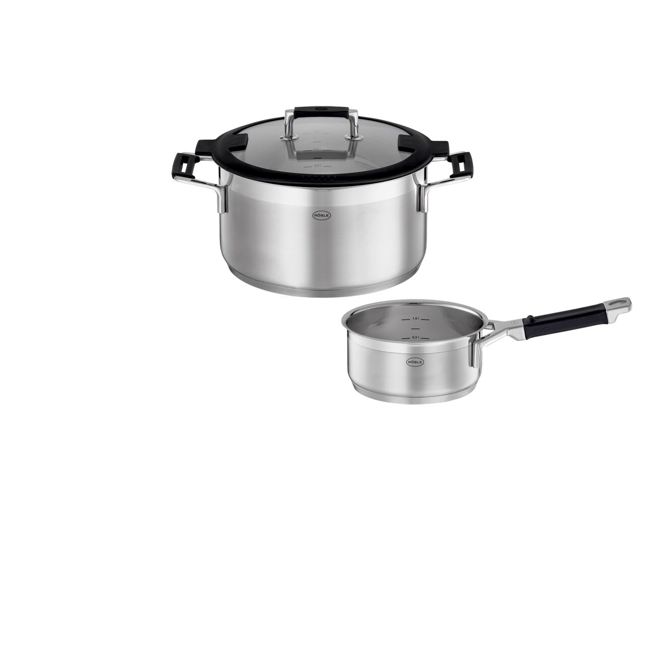 Topfset 4-tlg. SILENCE PRO aus Edelstahl, bestehend aus einem großen Topf mit Glasdeckel und einer Stielkasserolle, seitliche Perspektive