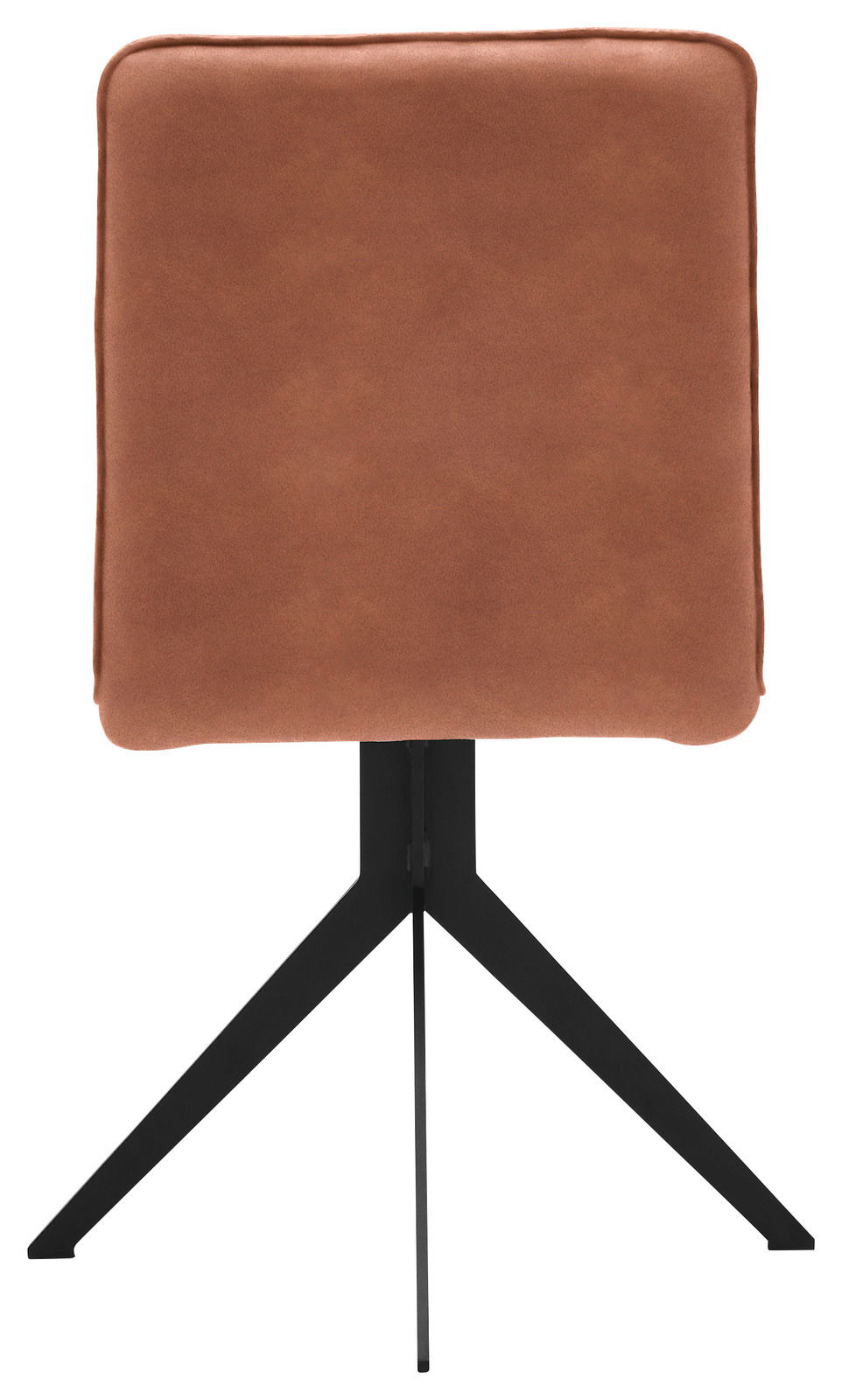 Rückansicht eines modernen Stuhls mit brauner Polsterung und schwarzem Metallgestell