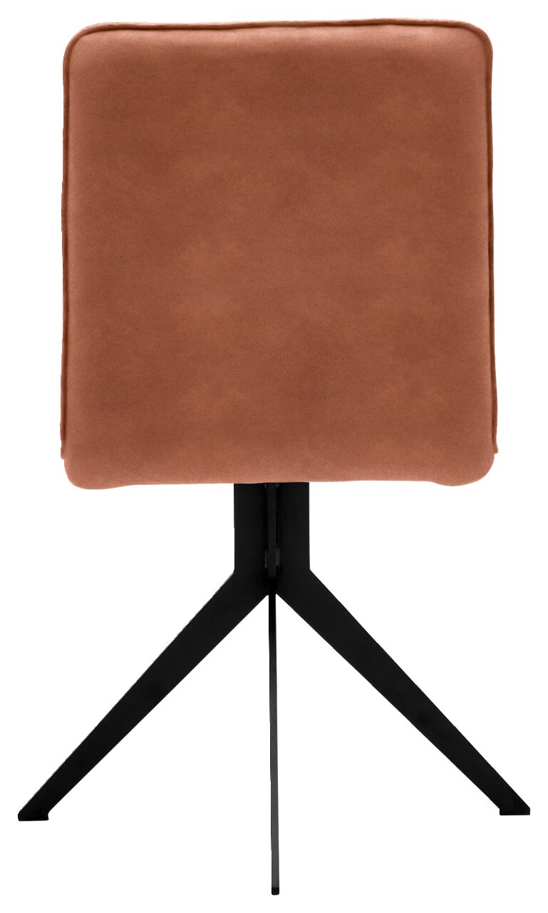 Rückansicht eines modernen Stuhls mit brauner Polsterung und schwarzem Metallgestell