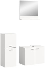 Badkombination BOSTON bestehend aus einem großen Spiegel mit Ablage, einem hohen Schrank mit zwei Türen und einem Unterschrank mit zwei Türen, aus der Frontalperspektive.