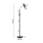 Schwarze Stehlampe mit rundem Sockel und gebogenem Flexarm, Rauchglas-Kugel-Schirm und Maßangaben (Höhe ca. 1460 mm, Sockel Ø 230 mm), frontal in Seitenansicht vor weißem Hintergrund