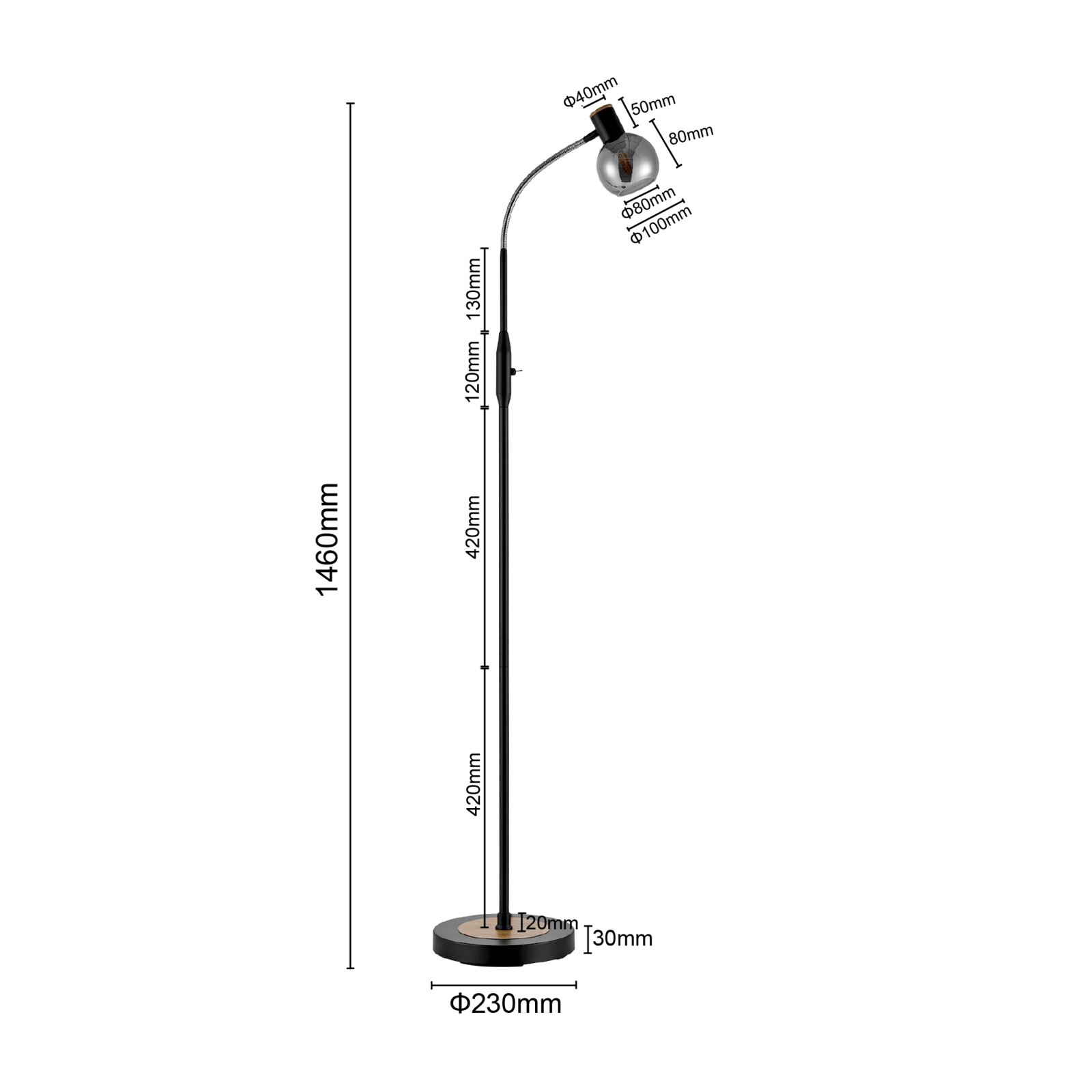 Schwarze Stehlampe mit rundem Sockel und gebogenem Flexarm, Rauchglas-Kugel-Schirm und Maßangaben (Höhe ca. 1460 mm, Sockel Ø 230 mm), frontal in Seitenansicht vor weißem Hintergrund