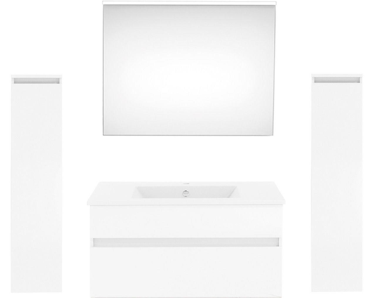Puris Badkombination GET2YOU 21 Moderne Badkombination in Weiß mit Spiegel, Waschbeckenunterschrank und zwei hohen Schränken, Frontalansicht