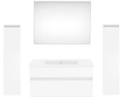 Moderne Badkombination in Weiß mit Spiegel, Waschbeckenunterschrank und zwei hohen Schränken, Frontalansicht