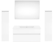 Moderne Badkombination in Weiß mit Spiegel, Waschbeckenunterschrank und zwei hohen Schränken, Frontalansicht