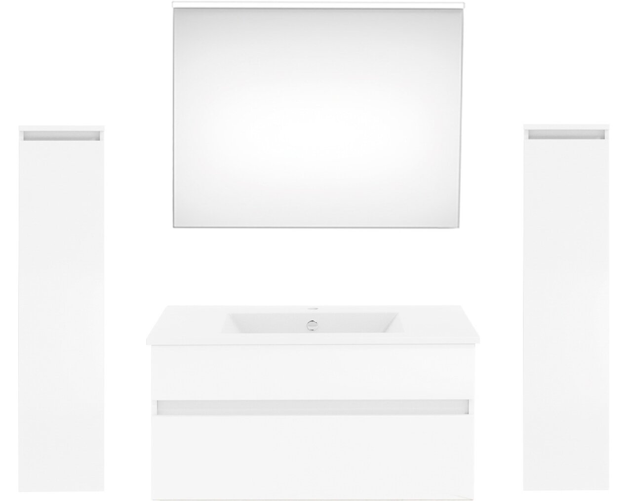 Moderne Badkombination in Weiß mit Spiegel, Waschbeckenunterschrank und zwei hohen Schränken, Frontalansicht