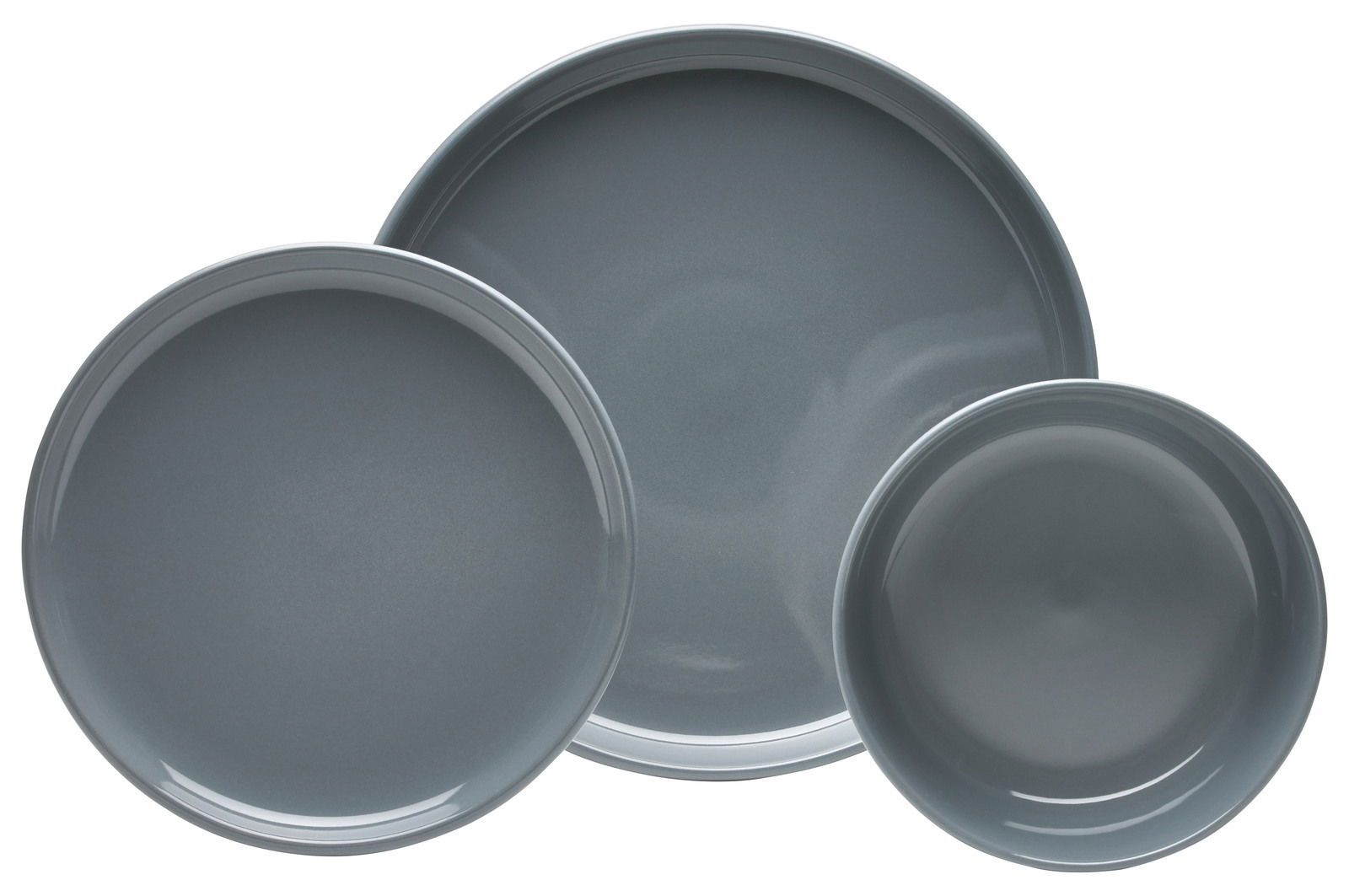Draufsicht auf ein 16-teiliges Kombiservice Linz in elegantem Grau, bestehend aus verschiedenen Tellern.