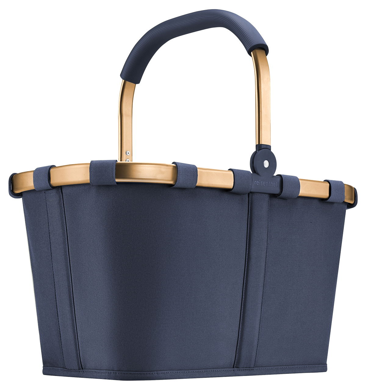 Moderner Einkaufskorb in Dunkelblau mit stabilem Griff, seitliche Perspektive