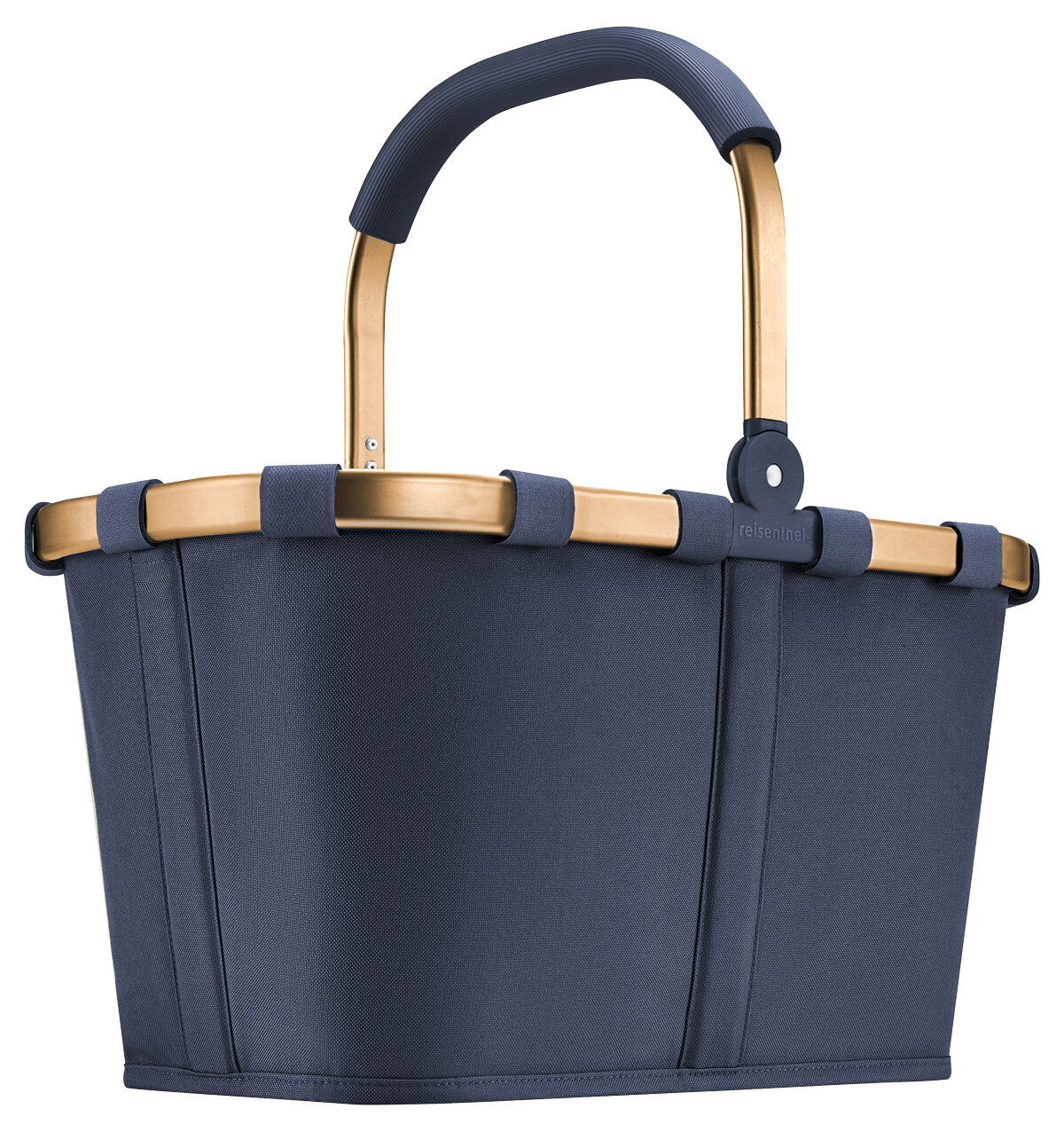 Moderner Einkaufskorb in Dunkelblau mit stabilem Griff, seitliche Perspektive