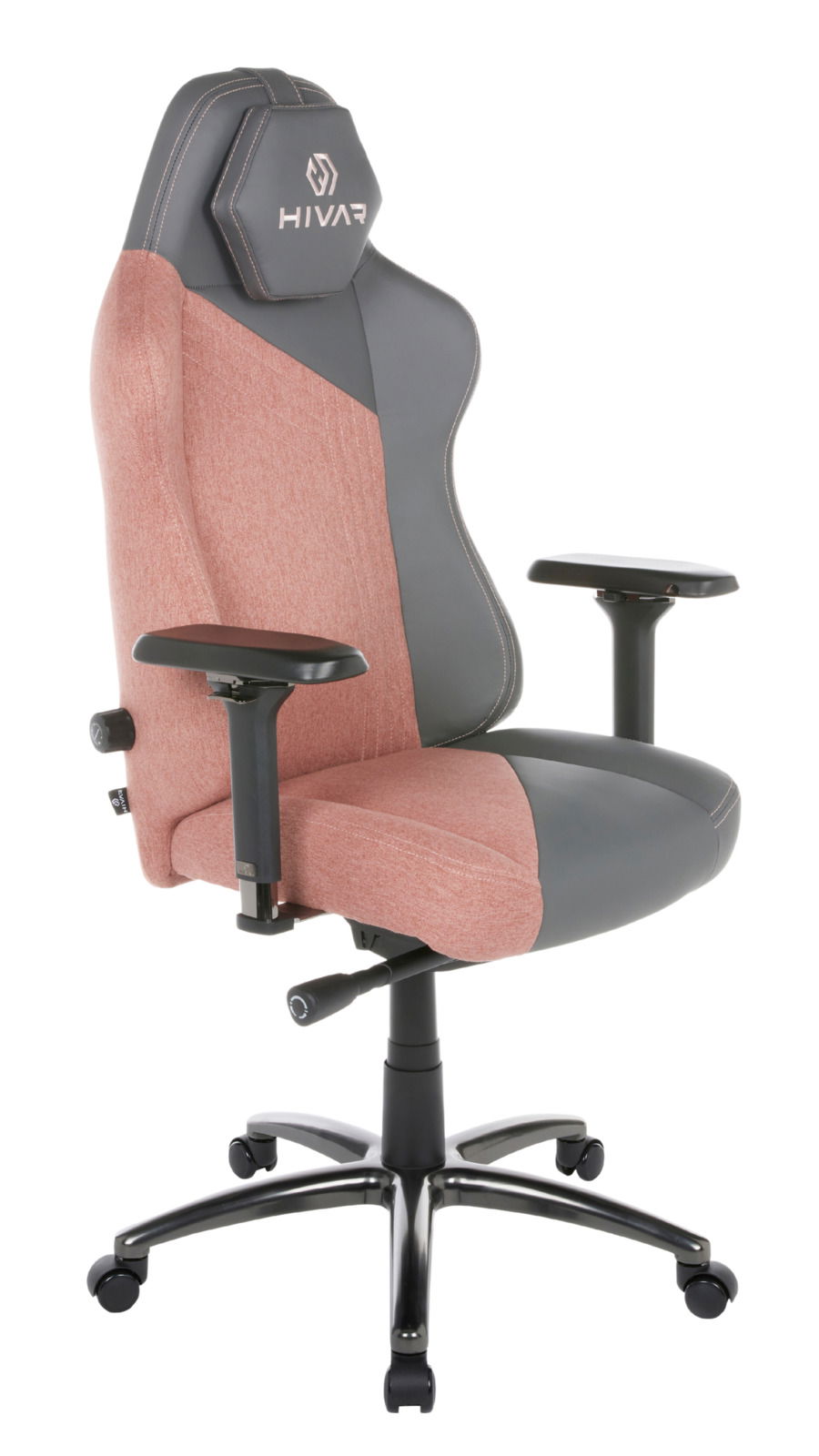 HIVAR Gaming Stuhl SKYLAR Gaming Stuhl in seitlicher Perspektive mit grauem und rosa Bezug, verstellbaren Armlehnen und stabiler Rollenbasis.