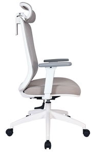 Moderner Drehstuhl in Seitenansicht mit ergonomischer Rückenlehne, verstellbaren Armlehnen und Kopfstütze, auf Rollen.