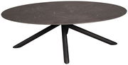 Runder Couchtisch mit dunkler Marmoroptik und schrägen schwarzen Beinen, seitliche Perspektive