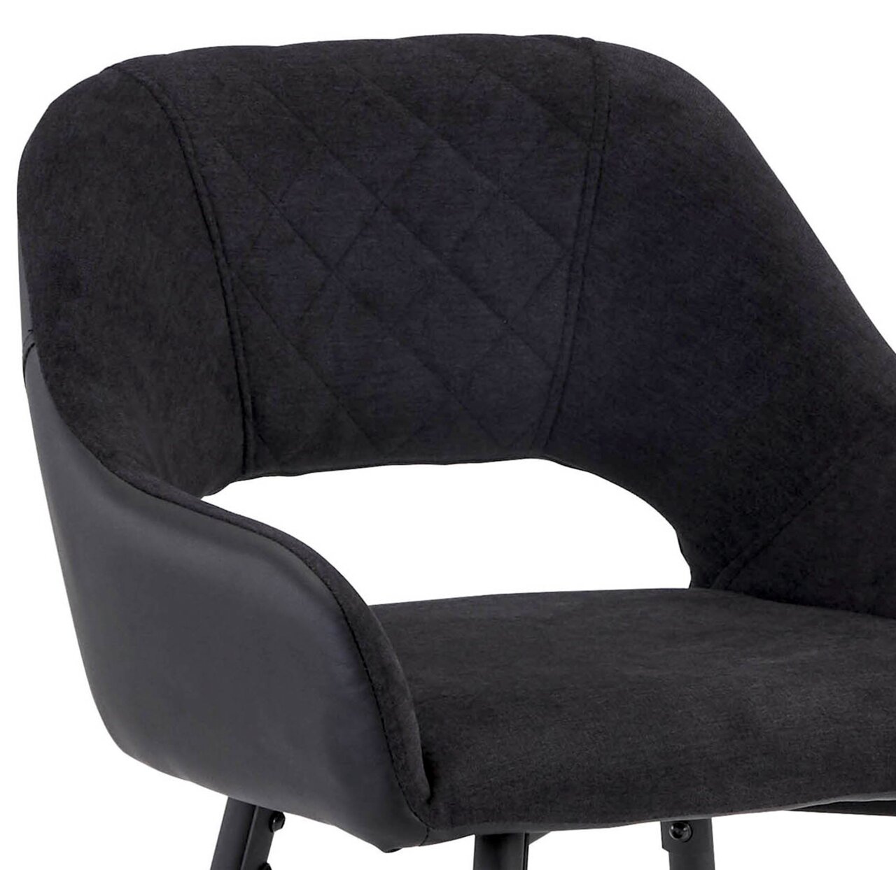 Nahaufnahme eines modernen Barstuhls mit gepolsterter Rückenlehne und Sitzfläche in dunklem Stoff, seitliche Ansicht.