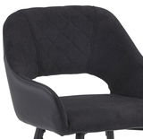 Nahaufnahme eines modernen Barstuhls mit gepolsterter Rückenlehne und Sitzfläche in dunklem Stoff, seitliche Ansicht.