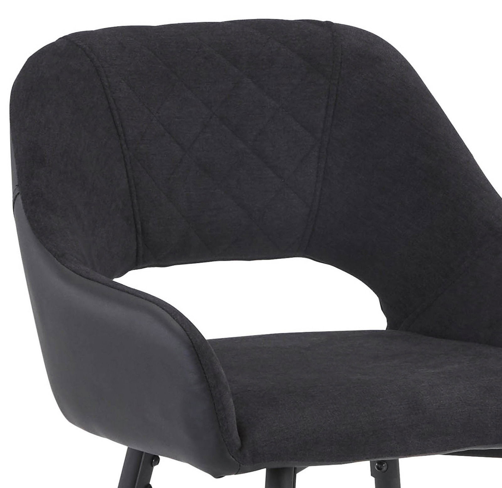 Nahaufnahme eines modernen Barstuhls mit gepolsterter Rückenlehne und Sitzfläche in dunklem Stoff, seitliche Ansicht.