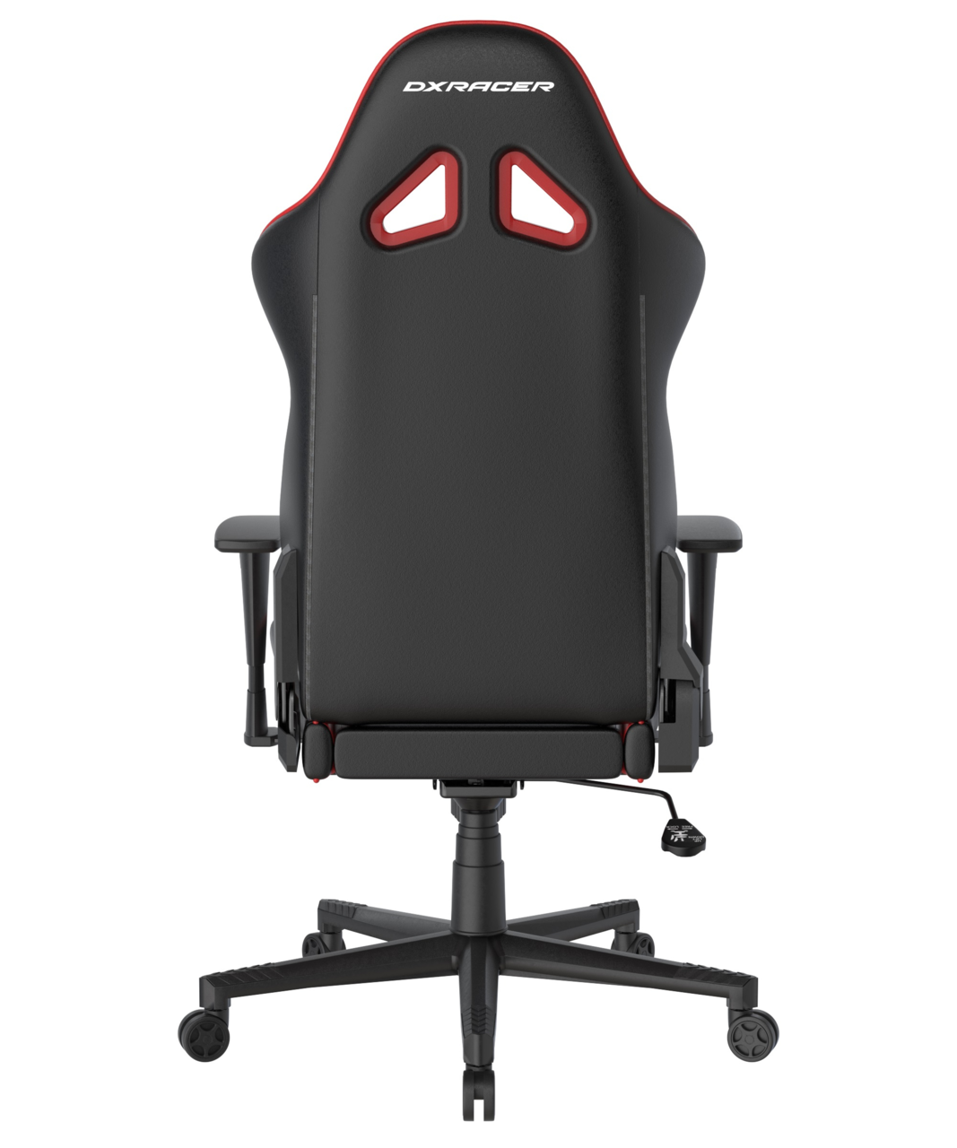 Rückansicht eines schwarzen Gaming-Stuhls mit roten Akzenten und ergonomischem Design, Modell Gladiator.