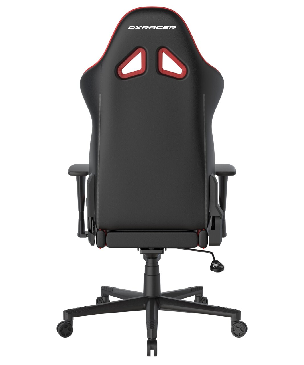 Rückansicht eines schwarzen Gaming-Stuhls mit roten Akzenten und ergonomischem Design, Modell Gladiator.