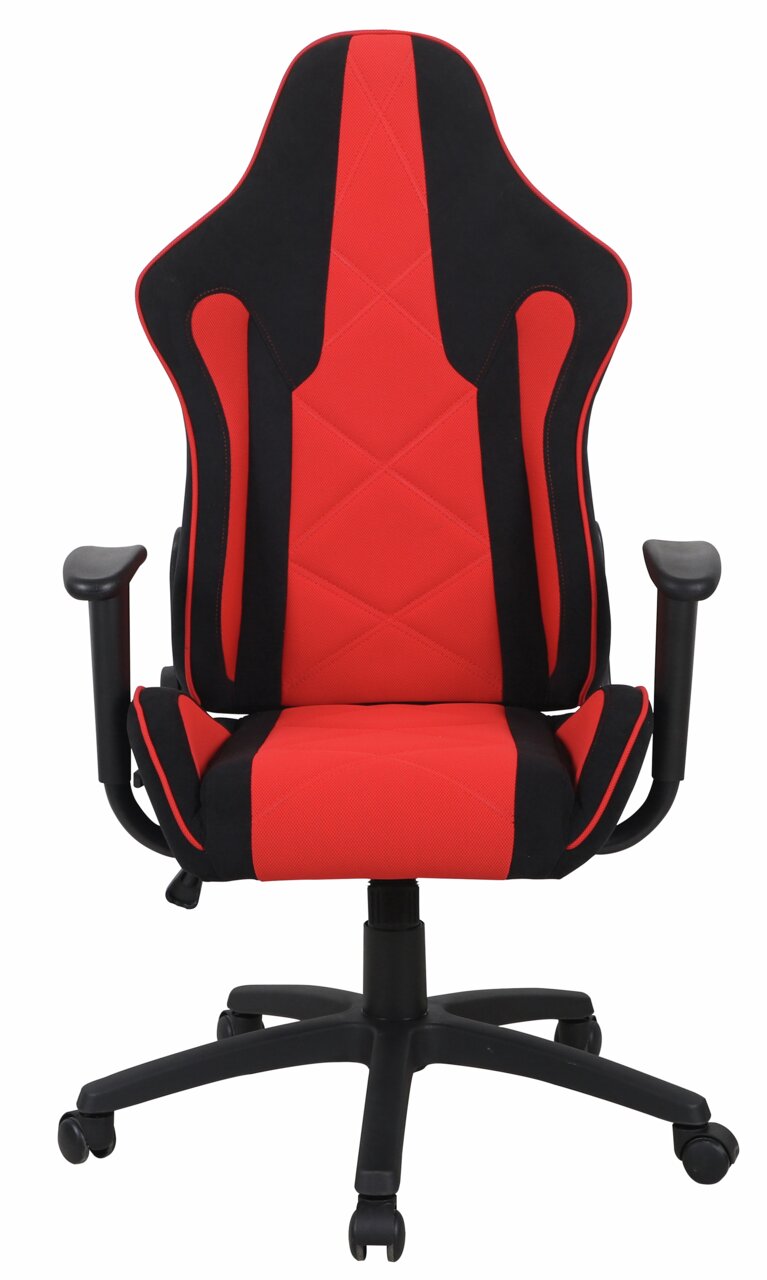 Rode en zwarte gamingstoel met ergonomisch ontwerp, vooraanzicht