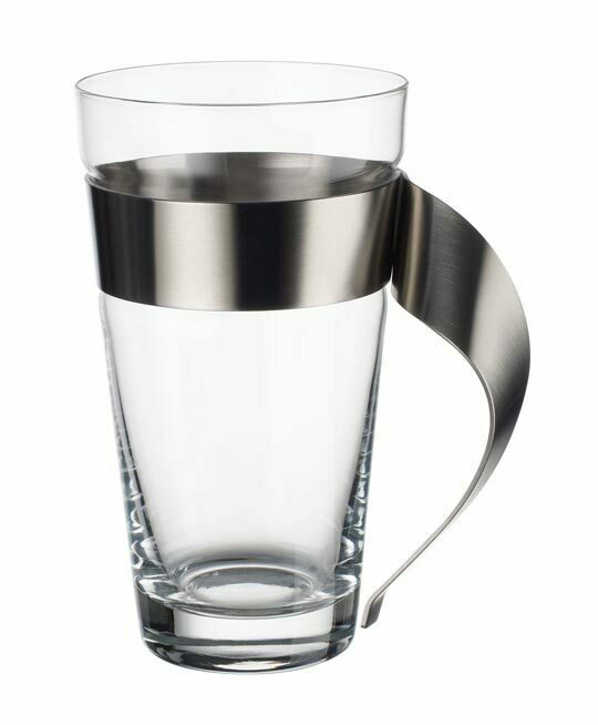 Latte Macchiato Glas 0,3l mit elegantem Metallgriff, seitliche Ansicht