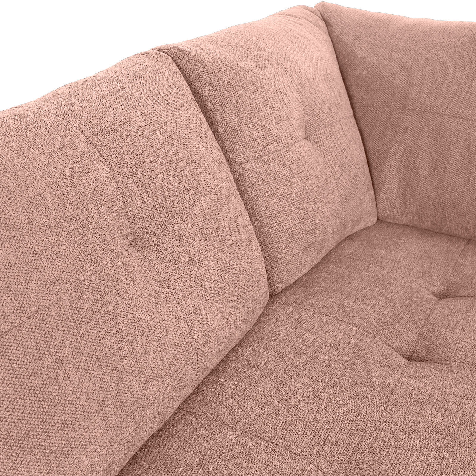 Nahaufnahme einer rosafarbenen Rundecke mit weichem Stoffbezug und gepolsterten Kissen, Blick auf die Ecke des Sofas.