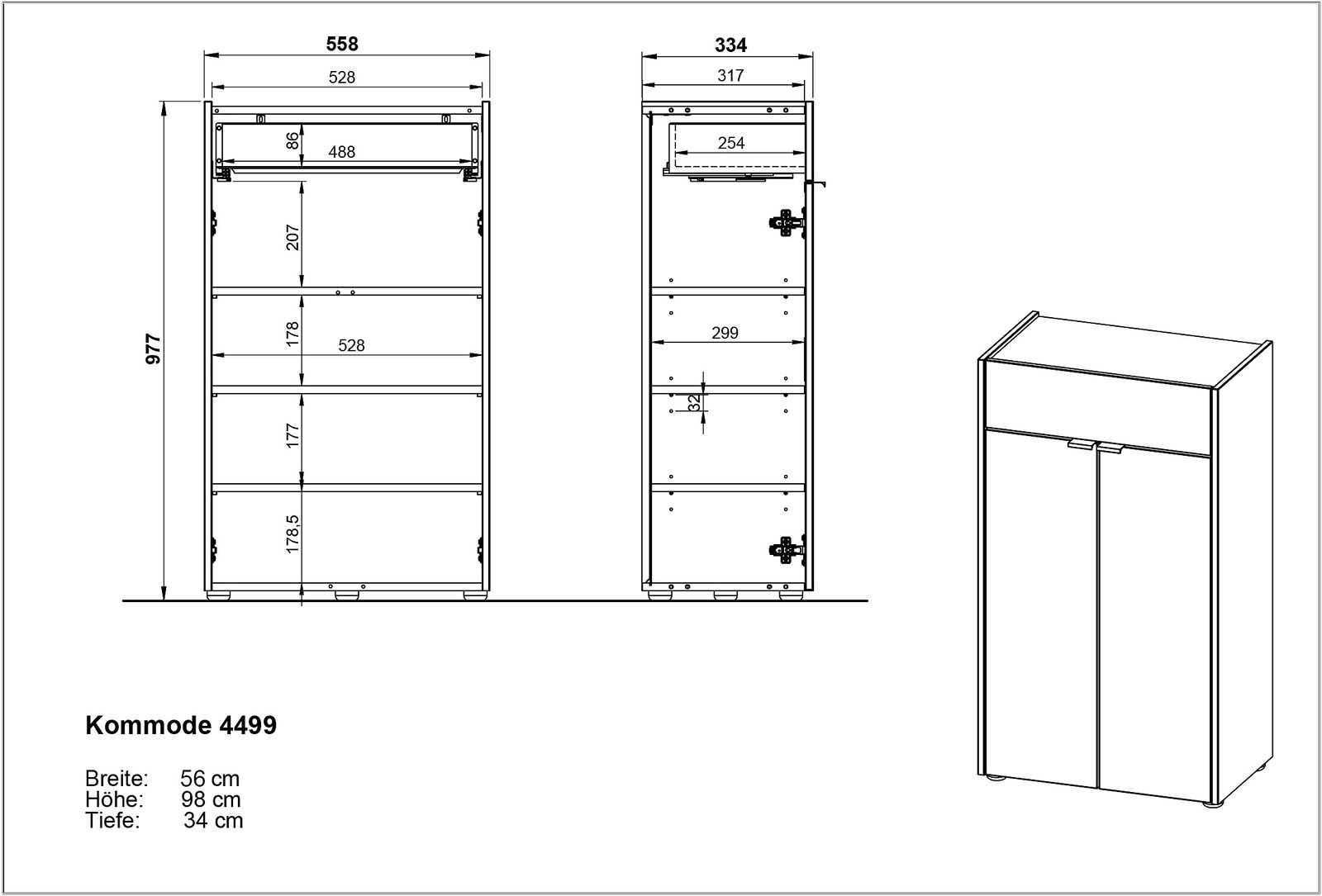 Technische Zeichnung und perspektivische Ansicht einer Kommode mit den Maßen Breite: 56 cm, Höhe: 98 cm, Tiefe: 34 cm.