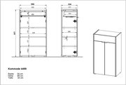 Technische Zeichnung und perspektivische Ansicht einer Kommode mit den Maßen Breite: 56 cm, Höhe: 98 cm, Tiefe: 34 cm.