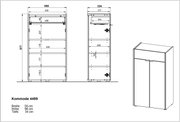 Technische Zeichnung und perspektivische Ansicht einer Kommode mit den Maßen Breite: 56 cm, Höhe: 98 cm, Tiefe: 34 cm.