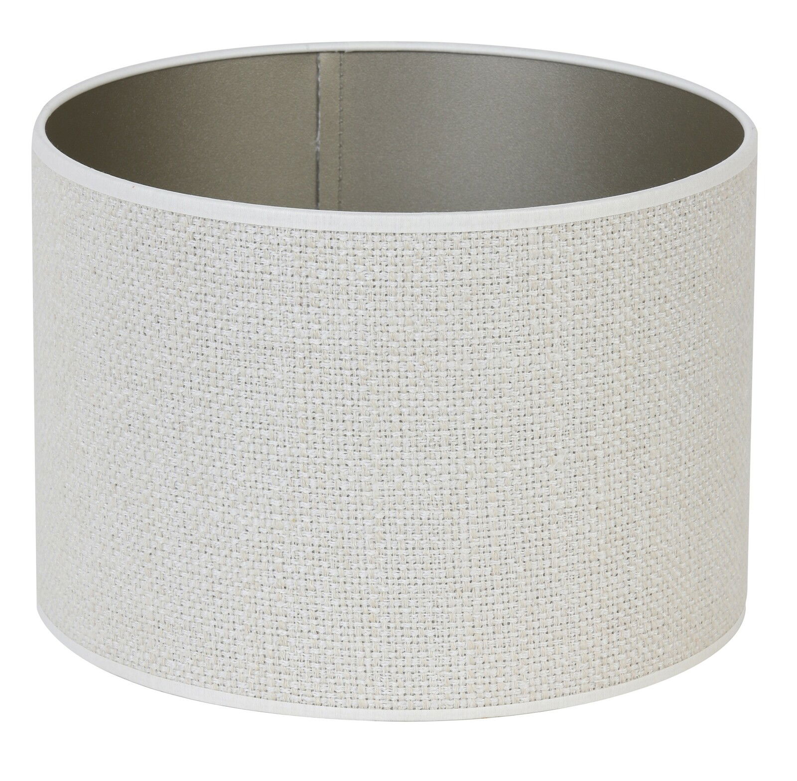 Zylindrischer Lampenschirm aus hellem Stoff, seitliche Perspektive