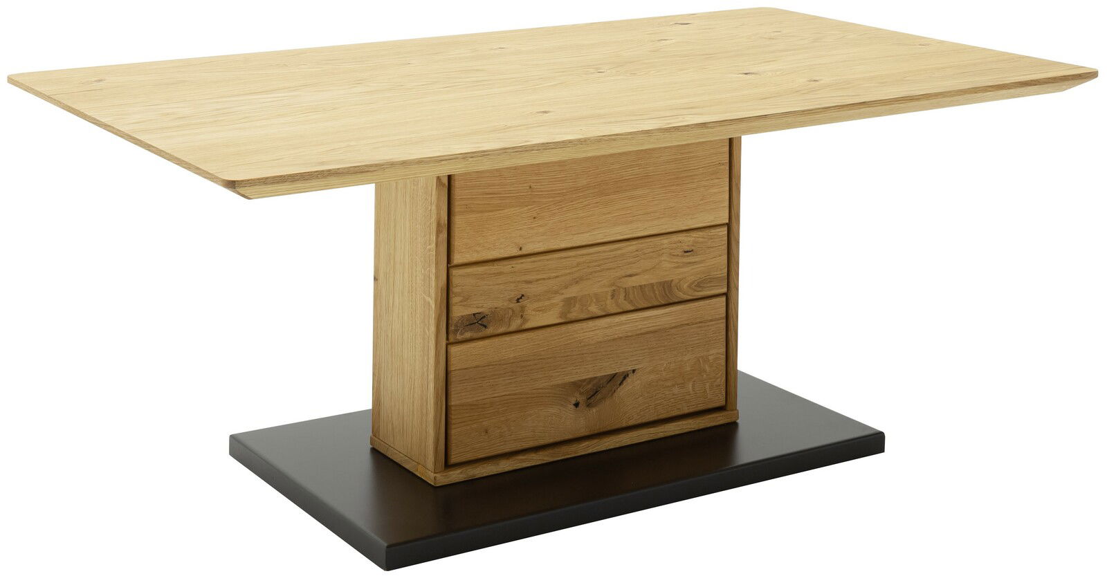 Moderner Couchtisch aus Holz mit rechteckiger Tischplatte und stabiler Mittelsäule, seitliche Perspektive