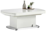 Moderner weißer Couchtisch mit abgerundeten Ecken, dekoriert mit einer Vase und Pflanzen, seitliche Perspektive.