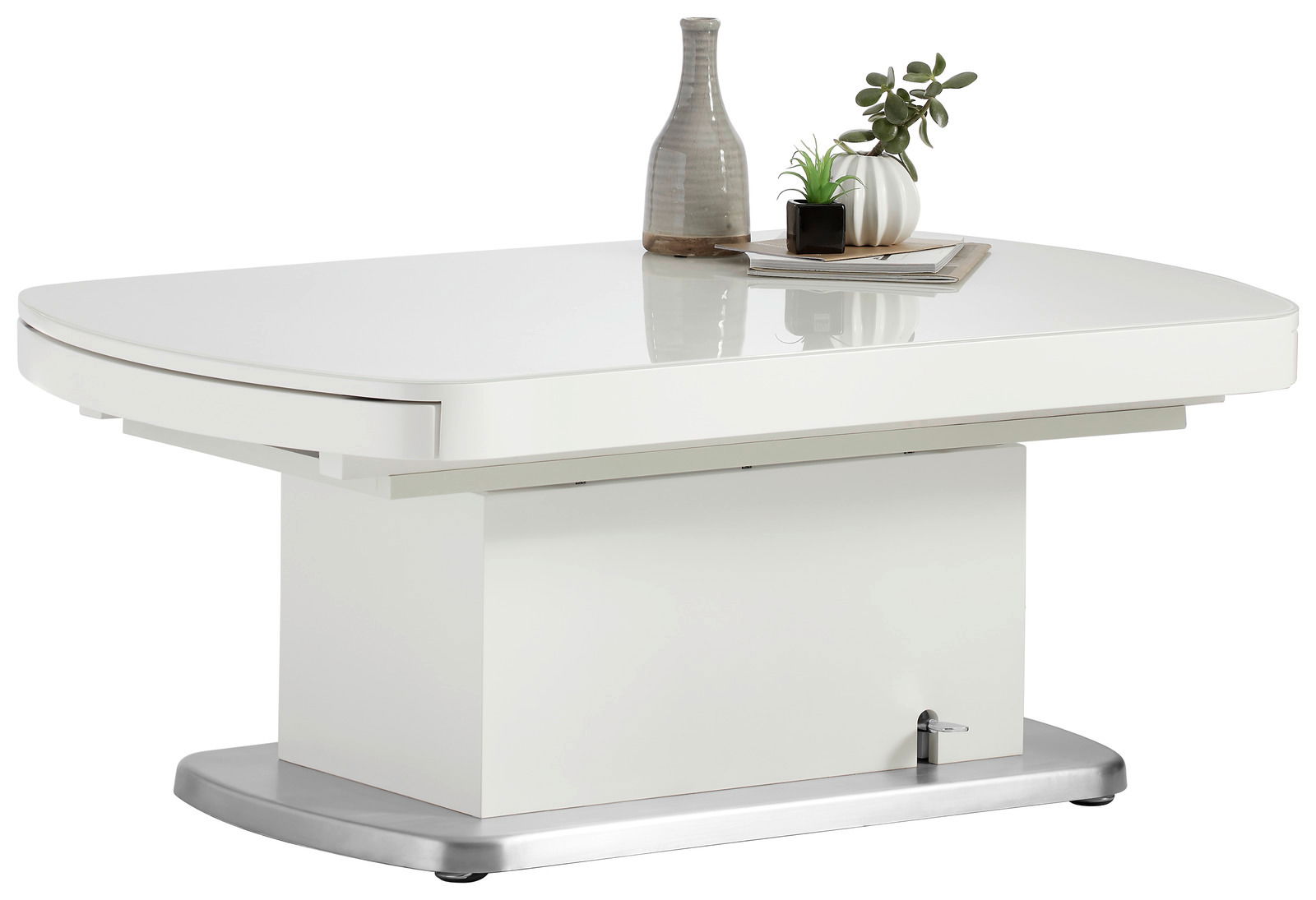 Venda Couchtisch FARO Moderner weißer Couchtisch mit abgerundeten Ecken, dekoriert mit einer Vase und Pflanzen, seitliche Perspektive.