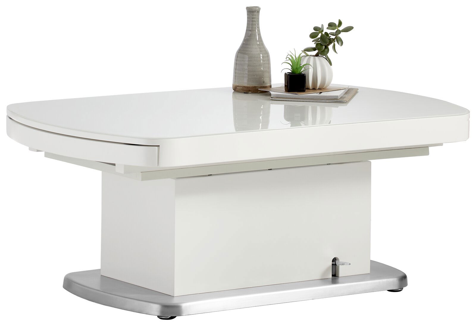 Venda Couchtisch FARO Moderner weißer Couchtisch mit abgerundeten Ecken, dekoriert mit einer Vase und Pflanzen, seitliche Perspektive.