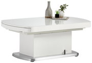 Moderner weißer Couchtisch mit abgerundeten Ecken, dekoriert mit einer Vase und Pflanzen, seitliche Perspektive.