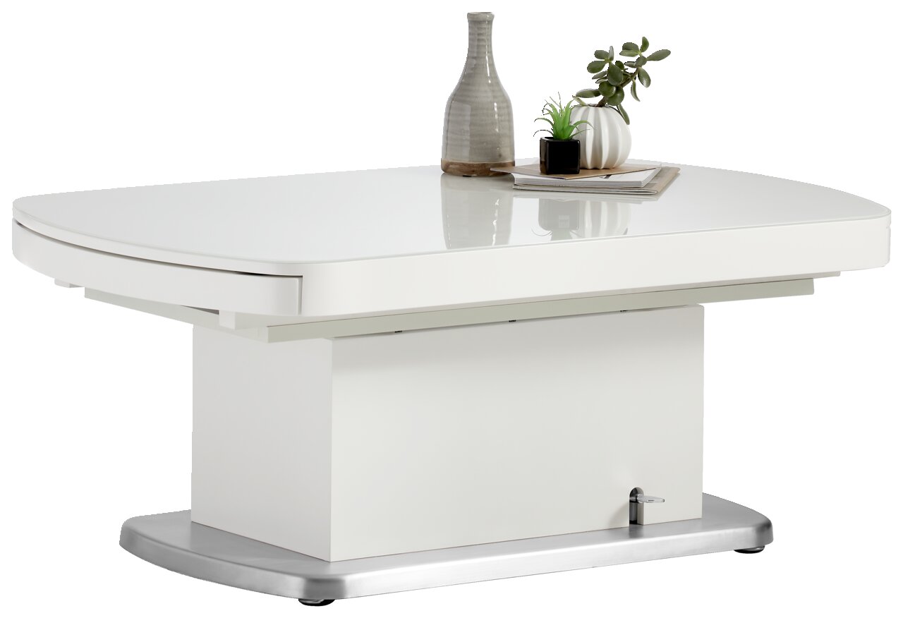 Venda Salontafel FARO Moderner weißer Couchtisch mit abgerundeten Ecken, dekoriert mit einer Vase und Pflanzen, seitliche Perspektive.