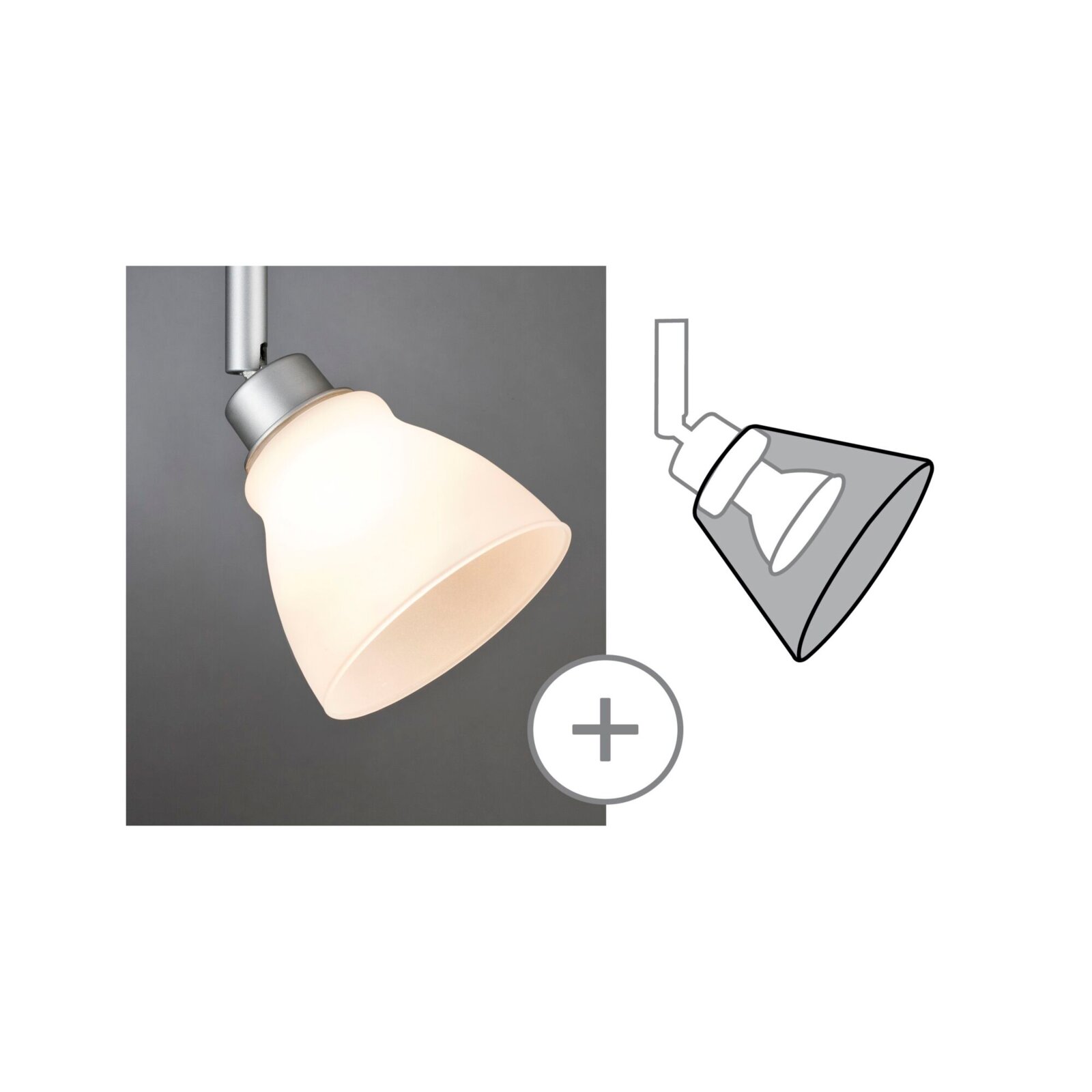 Decoratieve lampenkap Wolbi URAIL van PAULMANN, zijaanzicht, toont een elegante, witte lampenkap met een zilveren bevestiging.