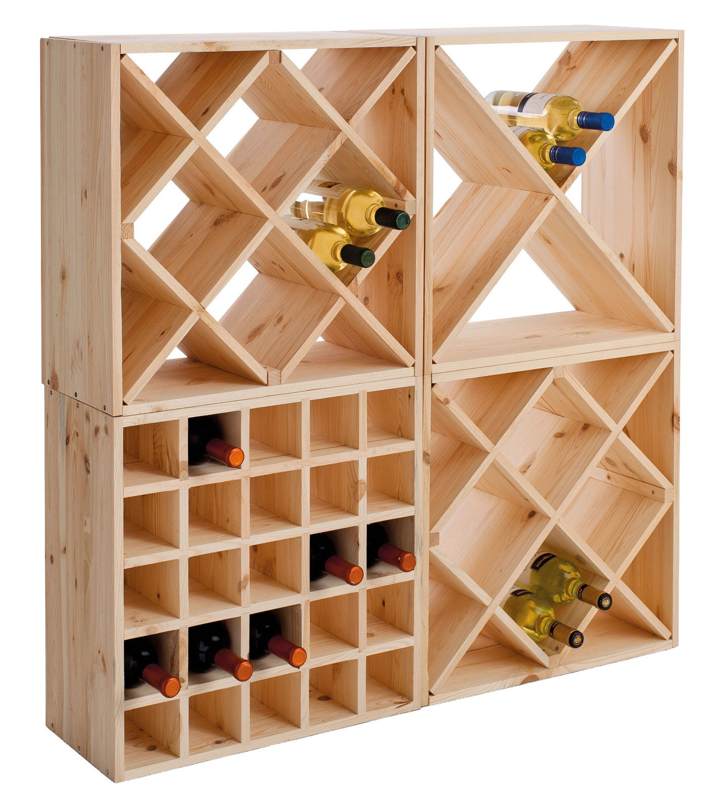 Weinregal aus Holz mit verschiedenen Fächern zur Lagerung von Weinflaschen, seitliche Perspektive