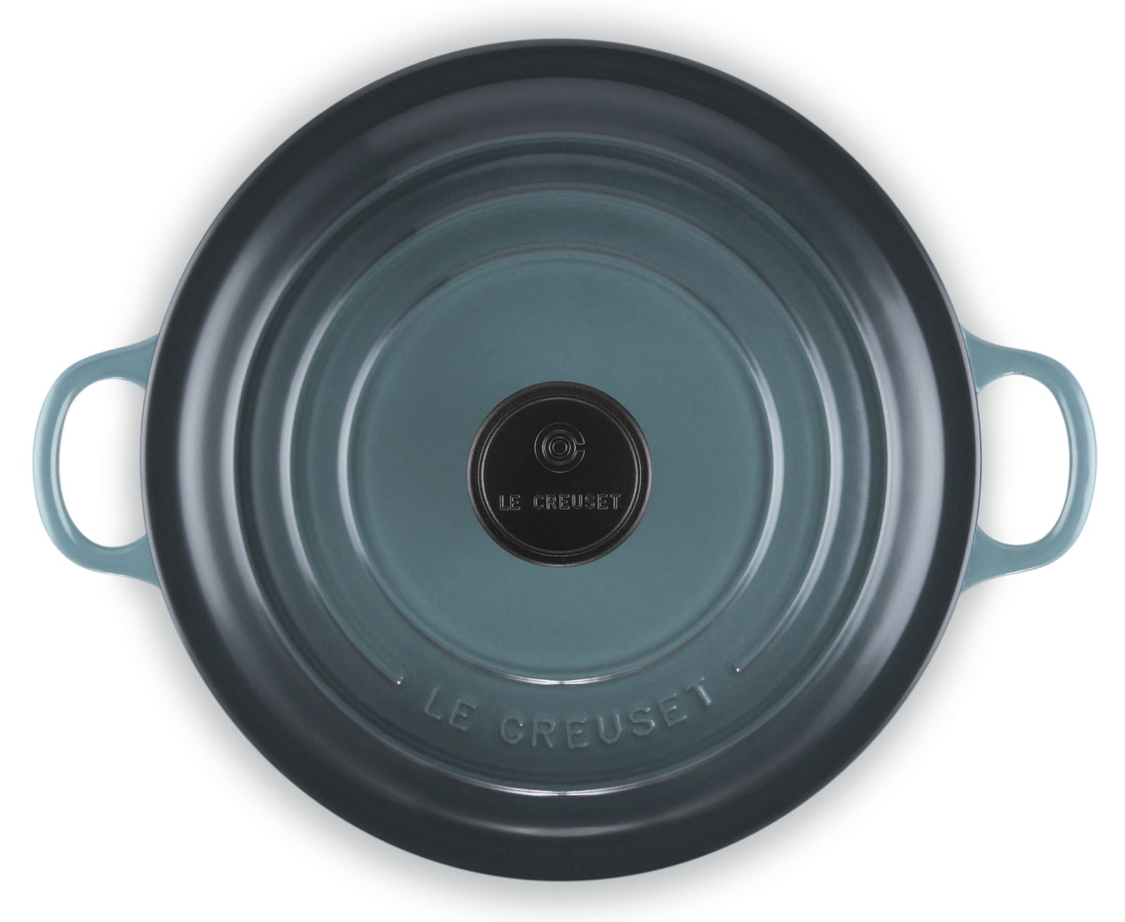 LE CREUSET Bräter rund 24cm Ocean Runder Bräter 24cm in der Farbe Ocean, Draufsicht mit zwei seitlichen Griffen.