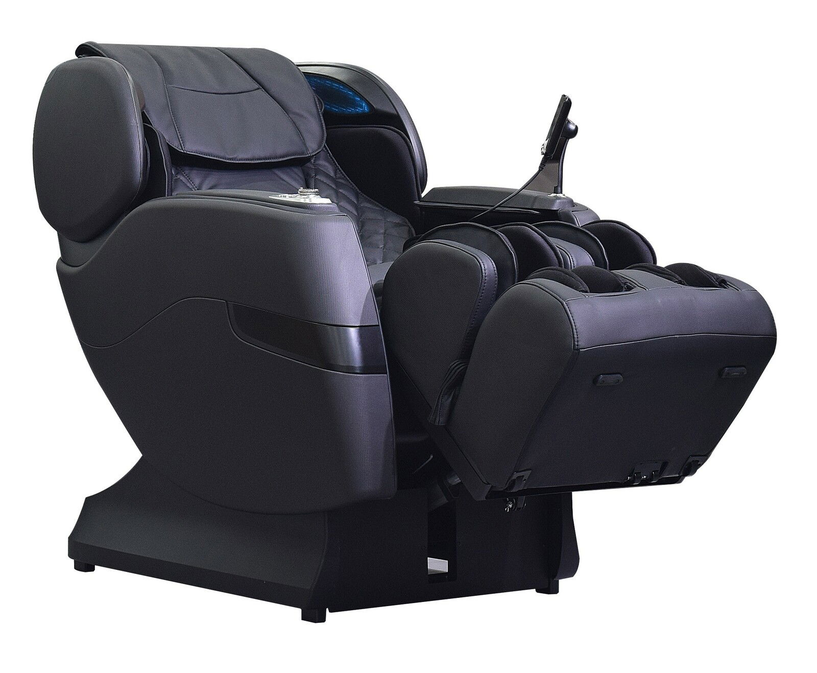 Cantus Massagesessel AT 628 X Schwarzer Massagesessel in seitlicher Perspektive mit verstellbarer Fußstütze und integriertem Bedienfeld.