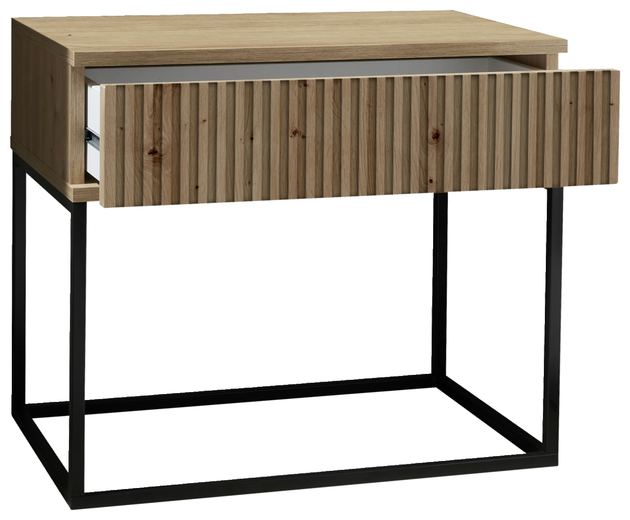 Moderne Nachtkommode mit Holzoptik und Metallgestell, Schublade leicht geöffnet, seitliche Perspektive