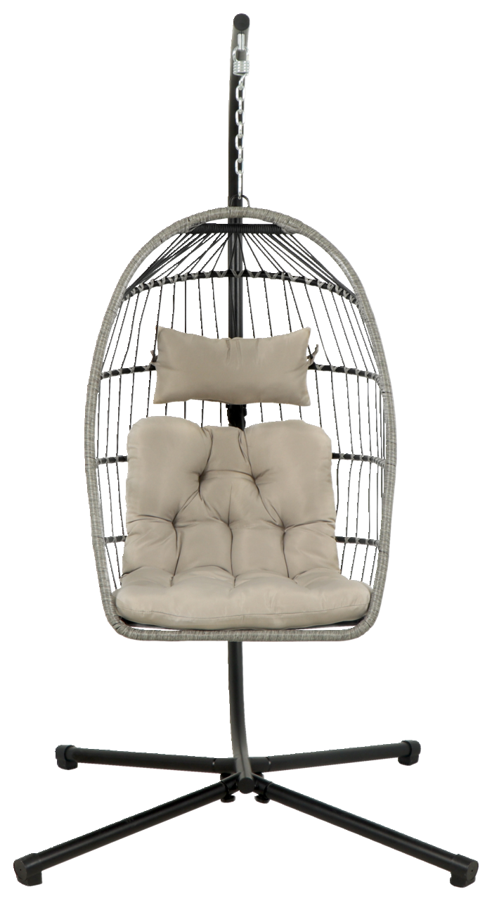 Hängesessel mit grauem Gestell und beigem Kissen, Frontalansicht
